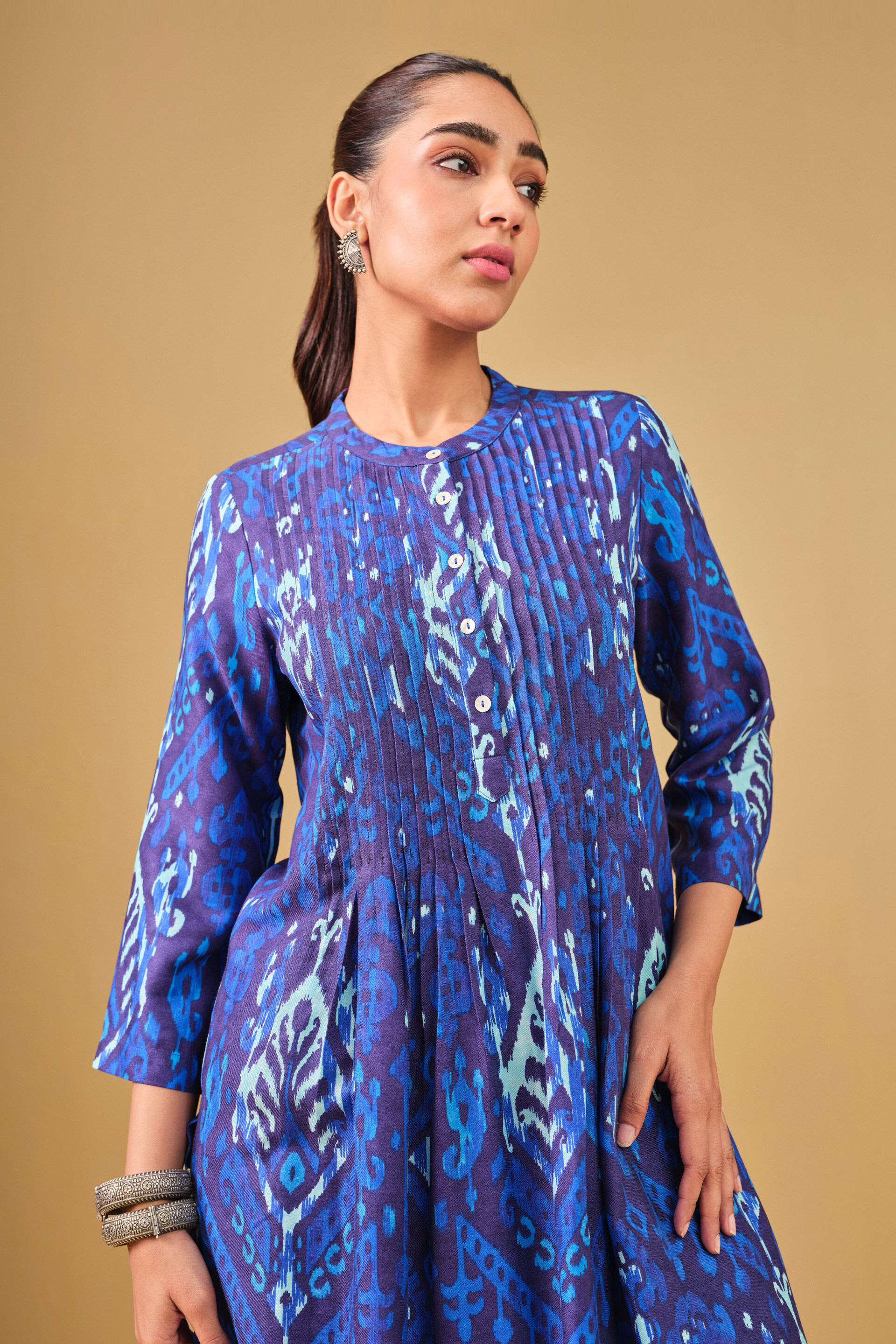Blue Ikat Inspired Viscose Kurta, Ink Blue, image 5